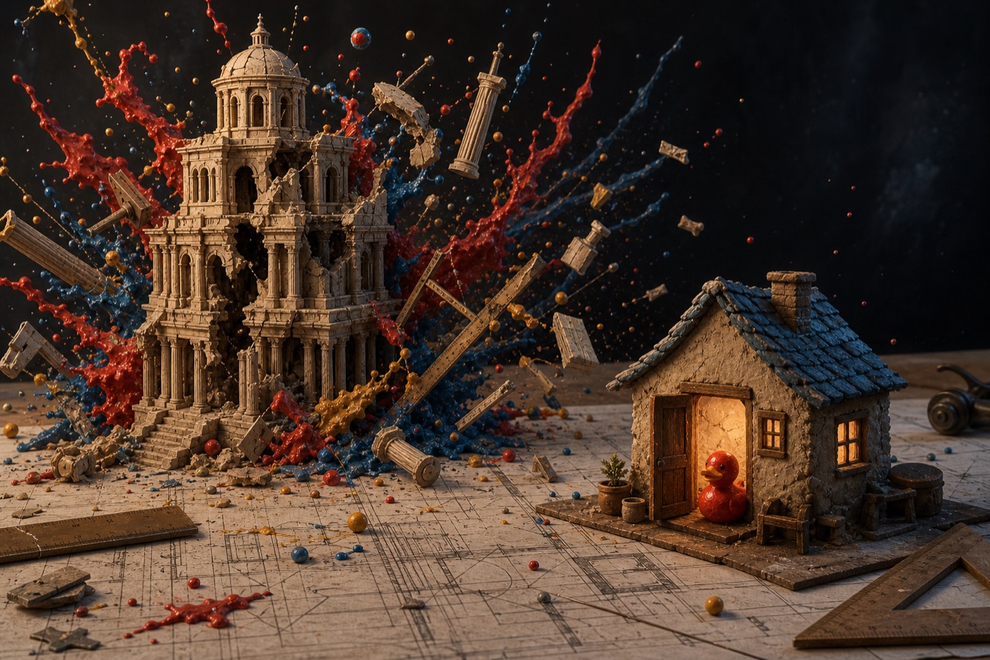 Grand cathedral and tiny illuminated cottage divided by a colourful cosmic splatter