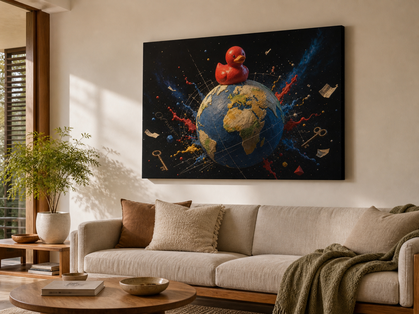 Cosmic Duck on Earth illustration shown as a stretched canvas above a neutral living-room sofa