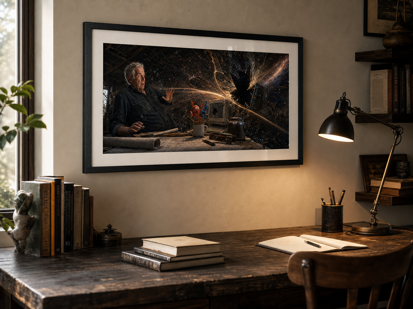 Cosmic workshop illustration shown as a framed fine-art poster above a timber study desk