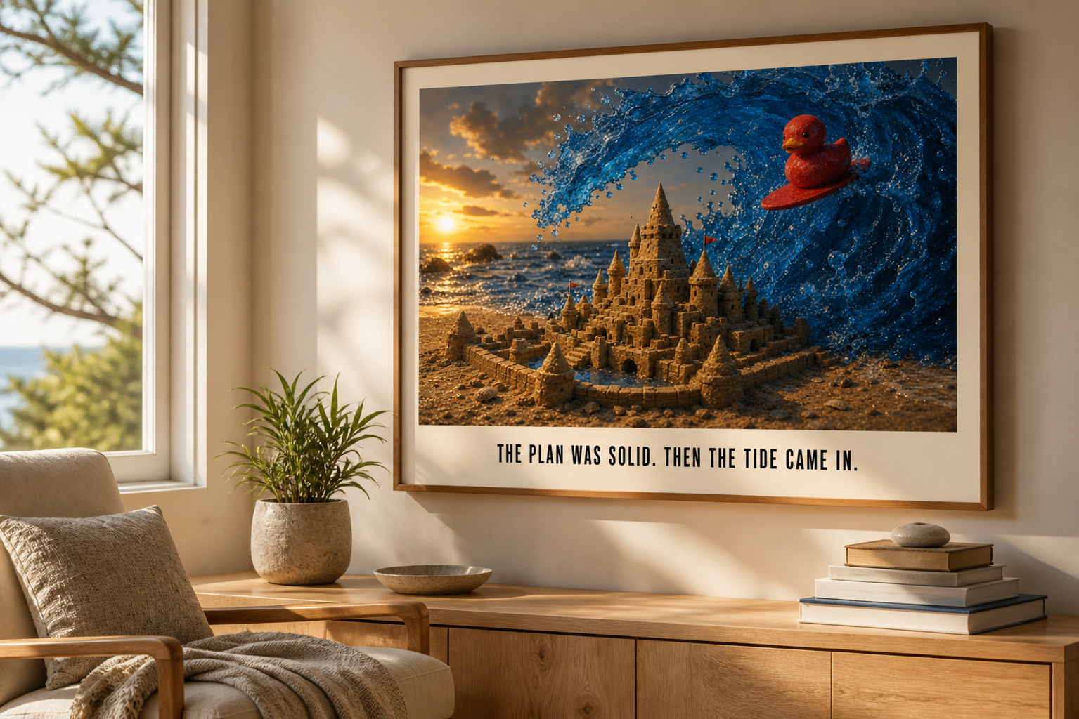 Surfing Cosmic Duck and sandcastle artwork with the quote The plan was solid. Then the tide came in, framed in a warm coastal reading room