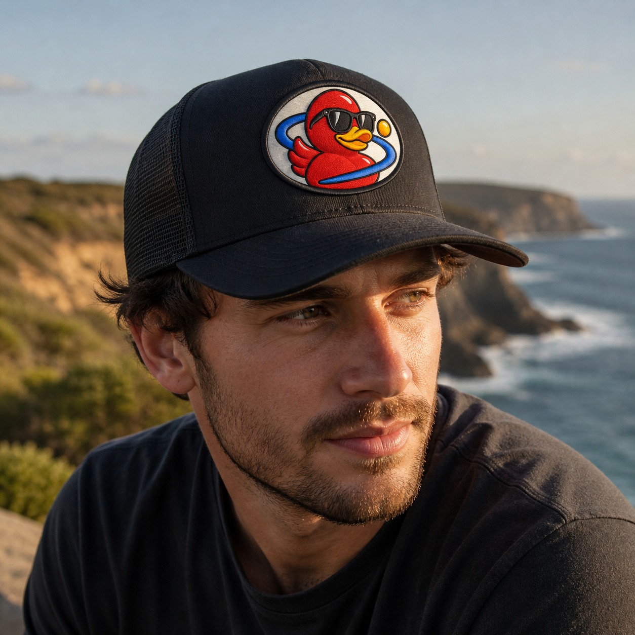 Adult wearing a black mesh trucker hat with the Cosmic Duck patch at a coastal lookout