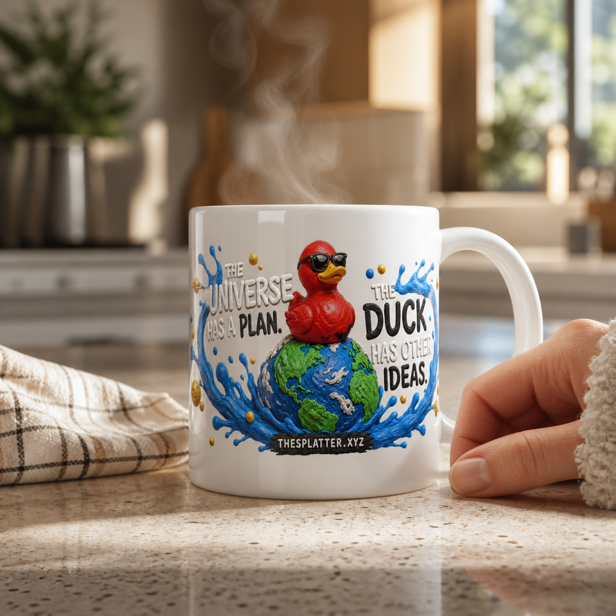 White Cosmic Duck mug with wraparound artwork steaming in a sunlit kitchen