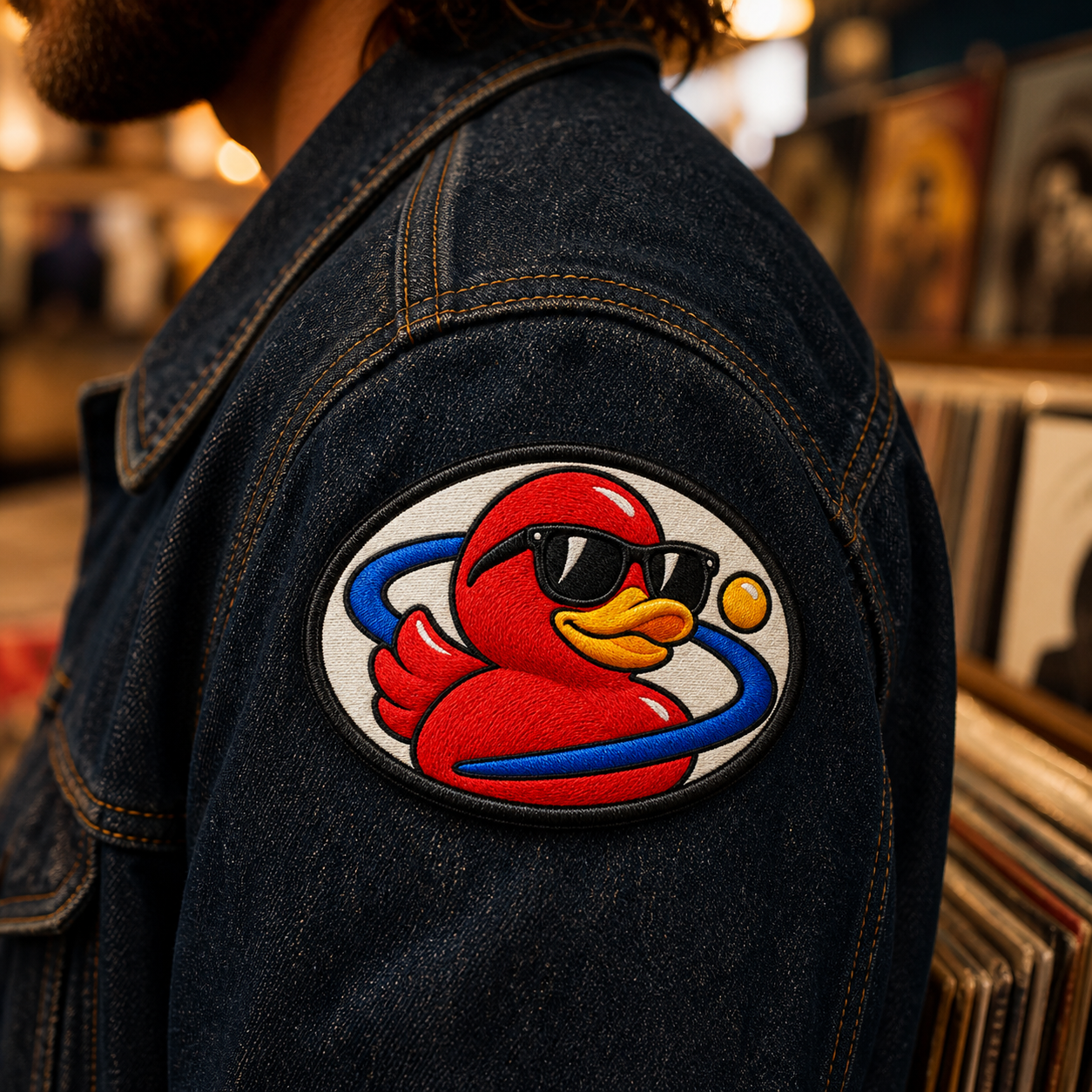 Close view of the Cosmic Duck embroidered patch sewn onto a dark indigo denim jacket