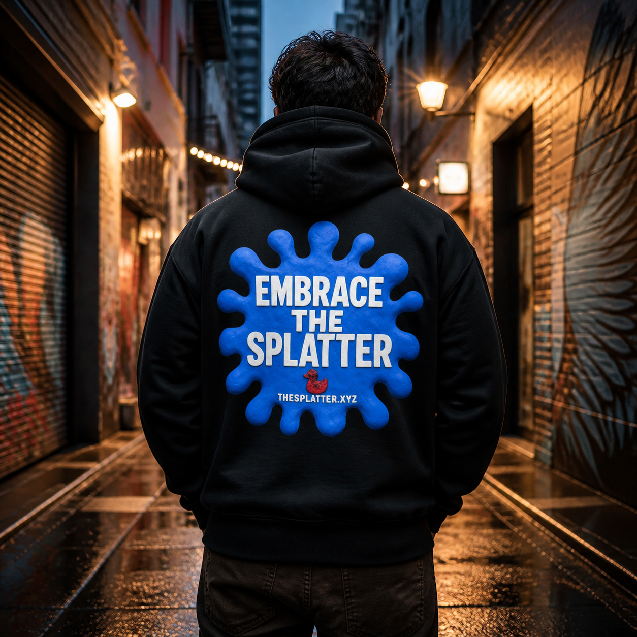Adult wearing a black Embrace the Splatter hoodie in a rain-lit city laneway