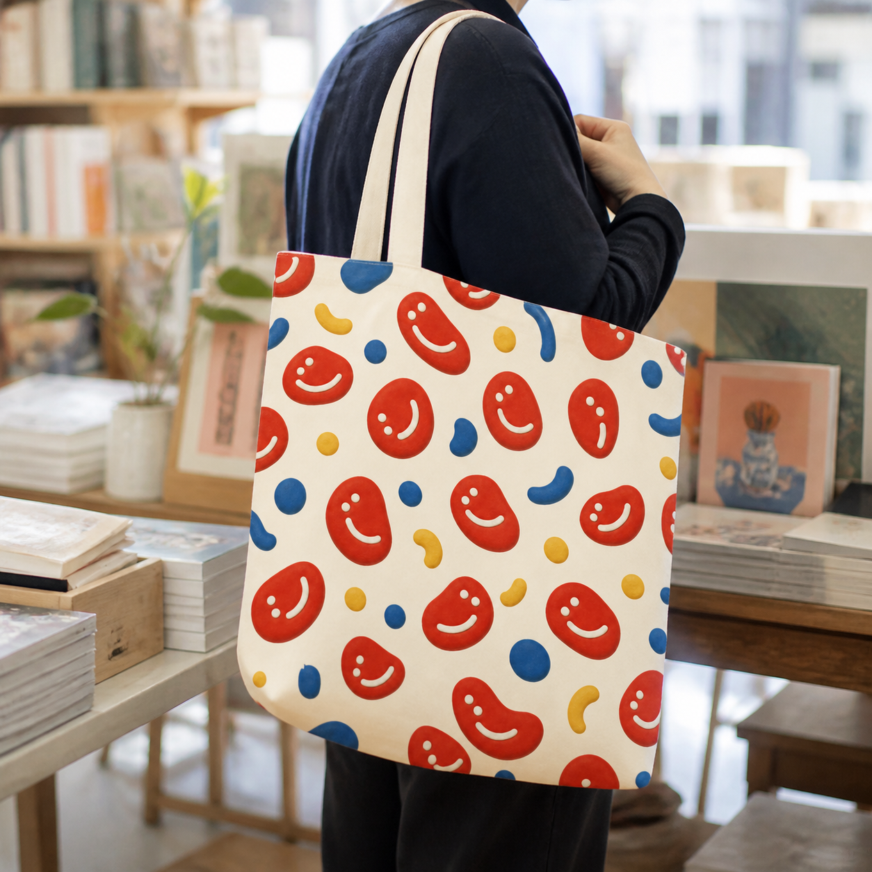 Warm-white canvas tote with the colourful Lé Smîle pattern carried in a bright bookshop